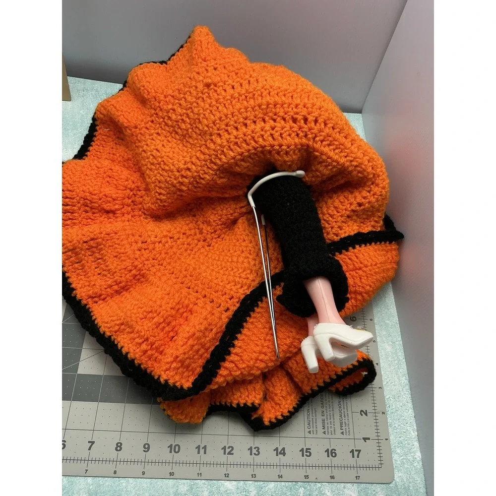 Vtg Halloween  Doll Black Hair Sleepy Eye Crochet Pumpkin Color Dress With Stand